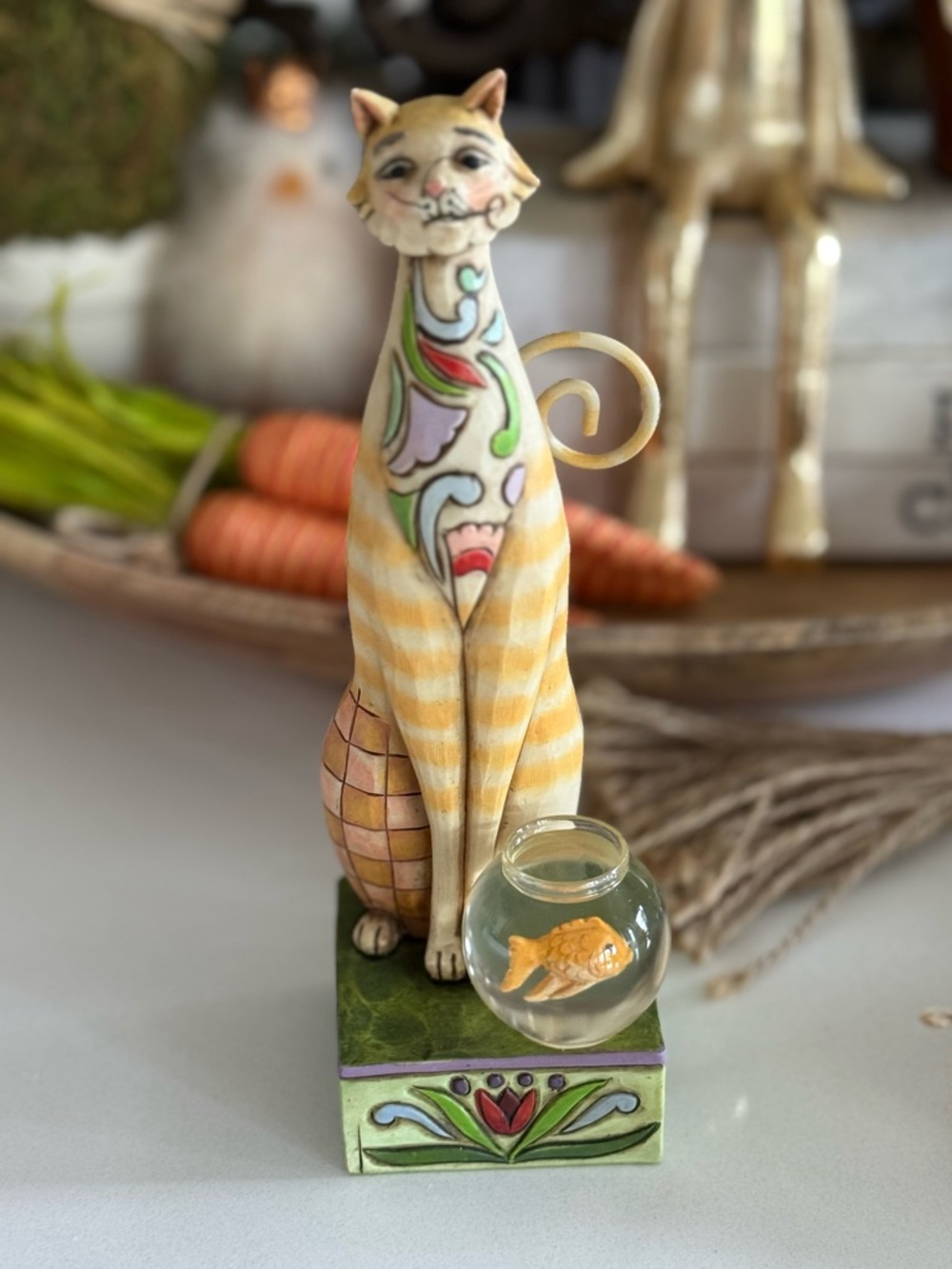 Jim Shore “Jilly” Yellow Striped Cat Figurine with Fishbowl